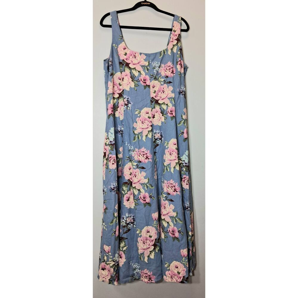Gap womens xl linen long maxi dress square neck floral coastal resort blue pink